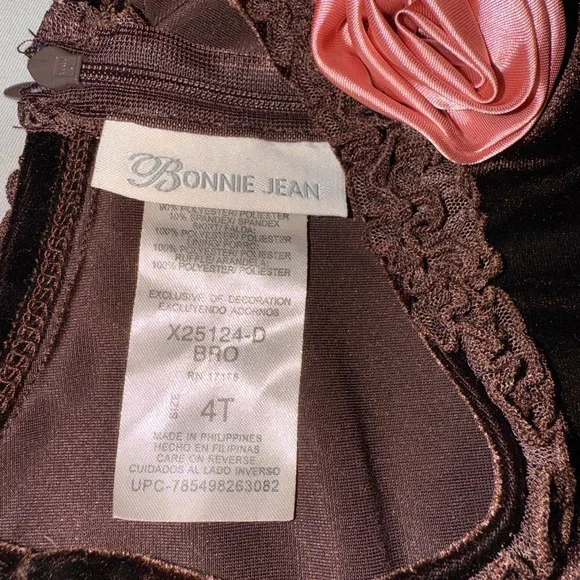 Bonnie Jean Brown Velvet Dress with Pink Floral Rosette - Picture 3 of 5